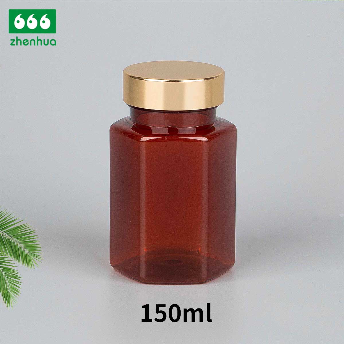 120ml 150ml 180ml 250ml Plastic PET Hexagonal Bottle Vitamin Medicinal Capsule Solid Bottle with Gold/Silver Electrochemical Aluminium Cap