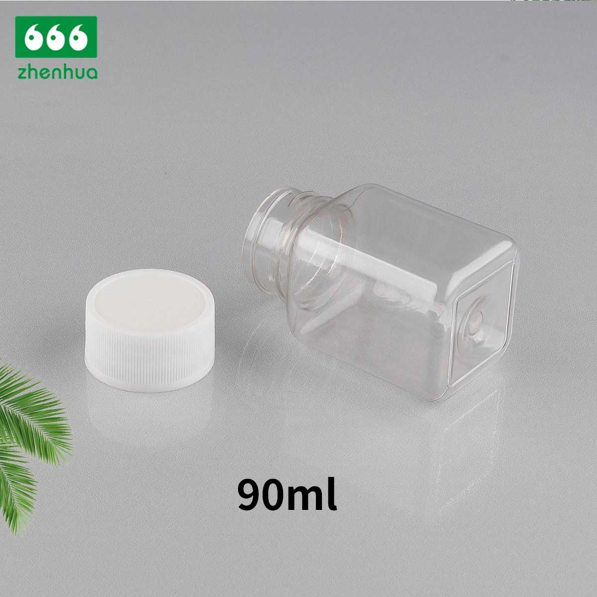 3oz Square Transparent Pill/ Granular PET Bottle With White Ribbed Smooth cap