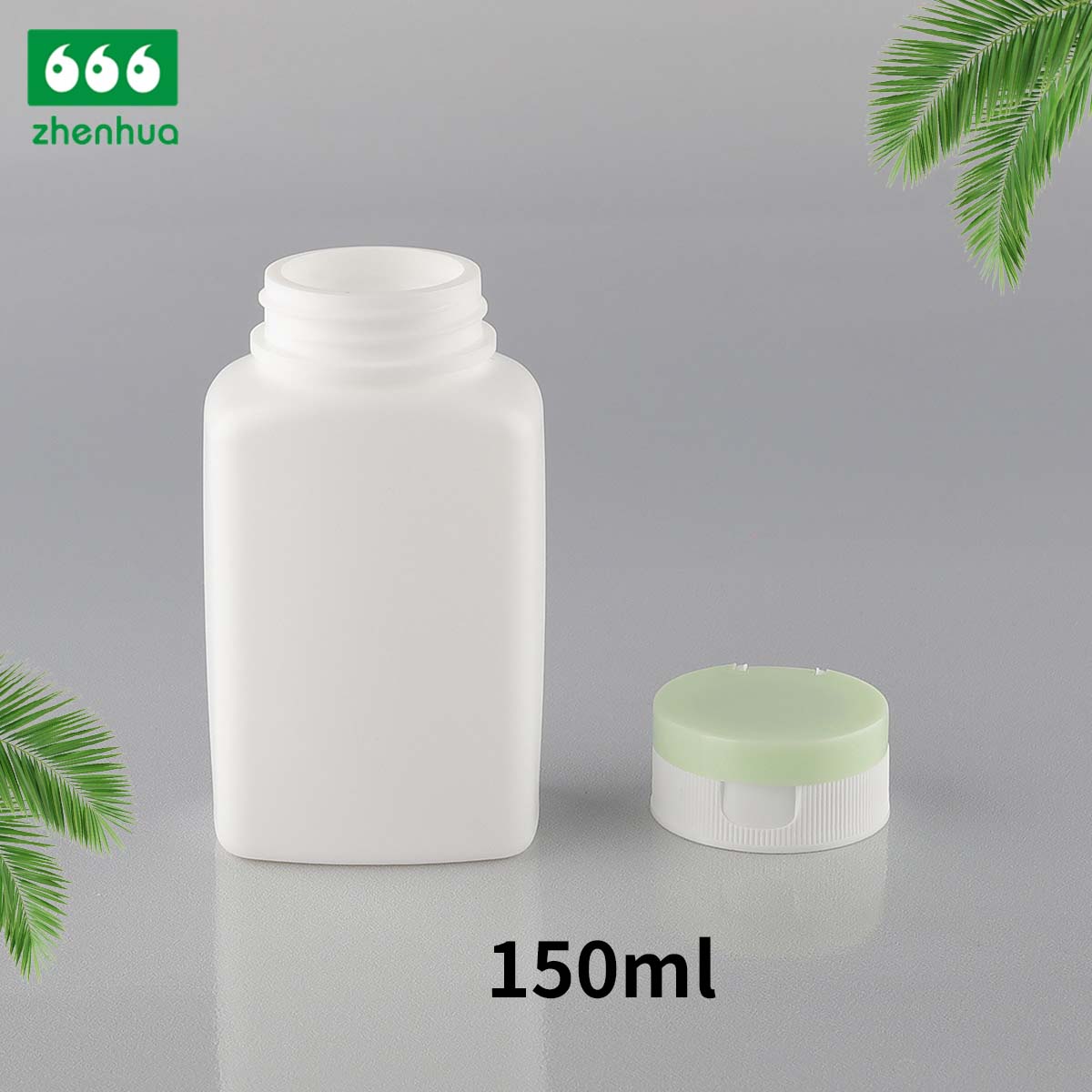 150ML HDPE Plastic White Round Medicinal Tablet Square Bottles With Pale Green Flip Top Cap