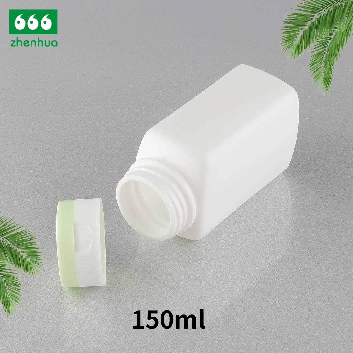 150ML HDPE Plastic White Round Medicinal Tablet Square Bottles With Pale Green Flip Top Cap