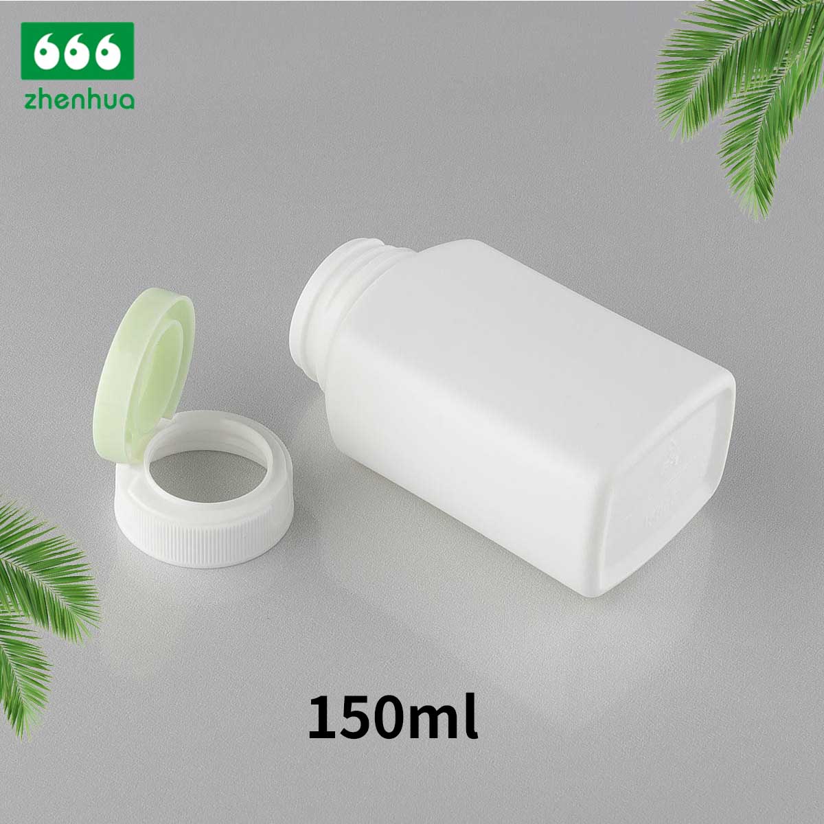 150ML HDPE Plastic White Round Medicinal Tablet Square Bottles With Pale Green Flip Top Cap