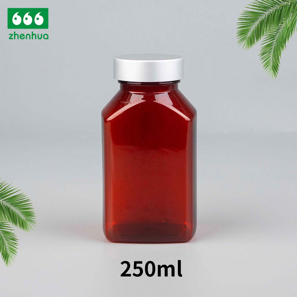 250cc Amber Slant Square Flat Bottle Pharmaceutical Grade Eco-friendly PET Vitamin Gummy Bottle with Gold UV Screw Cap