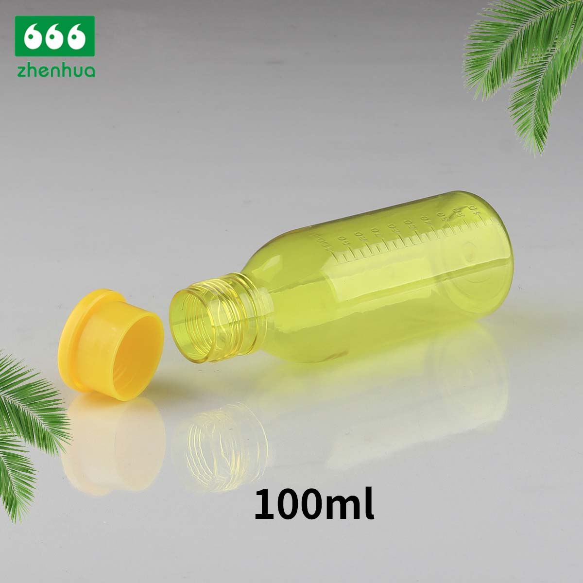 100ml Medical Pale Yellow Clear PET Syrup Lean Bottle With Yellow PE Screw Cap