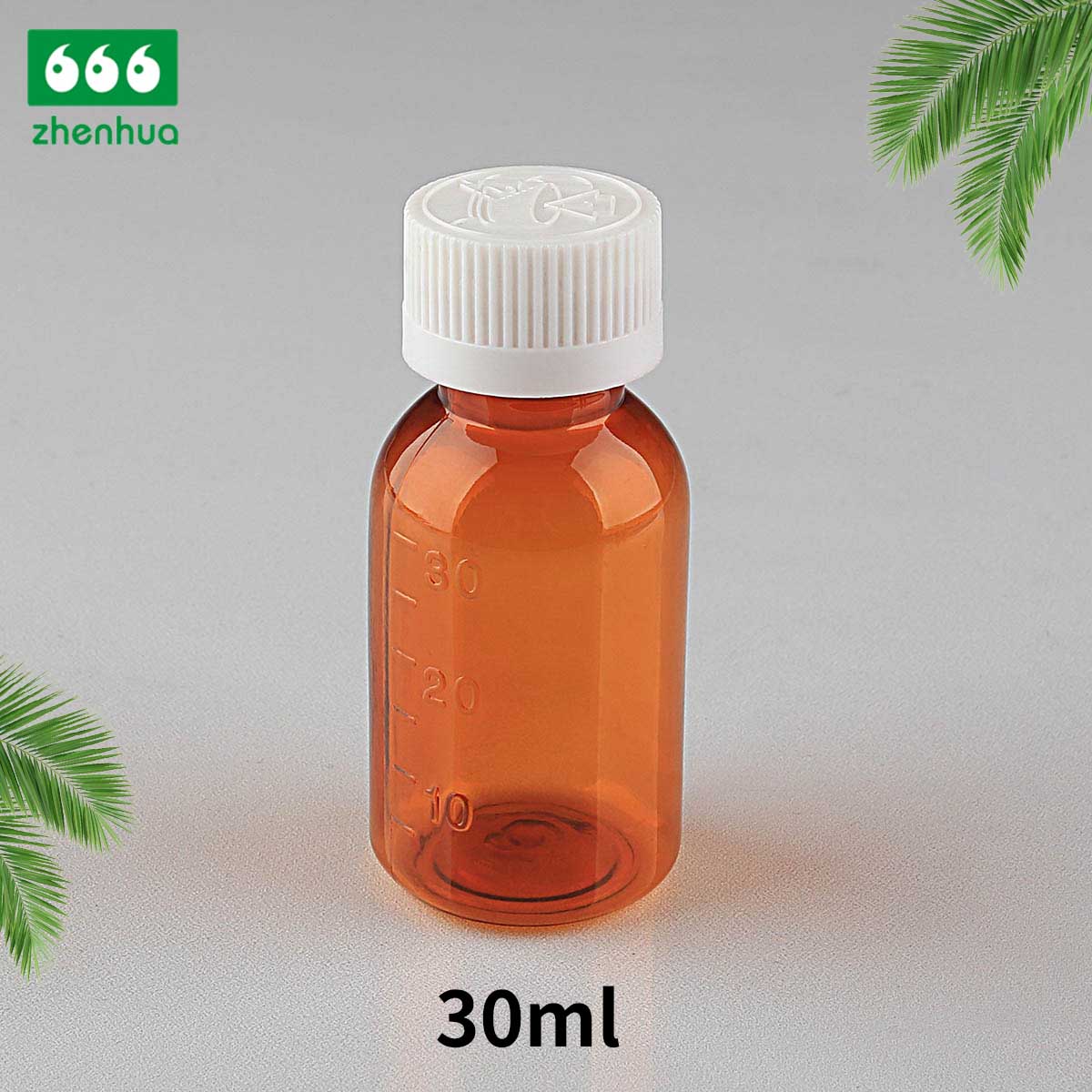 30ml Round Amber PET Syrup Graduated Bottle with Evident Seal Tamper Proof Cap