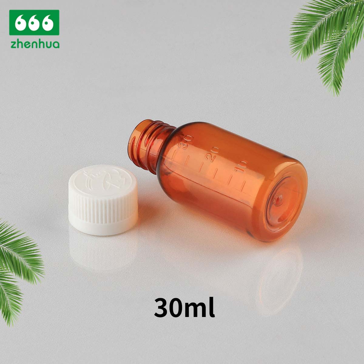 30ml Round Amber PET Syrup Graduated Bottle with Evident Seal Tamper Proof Cap