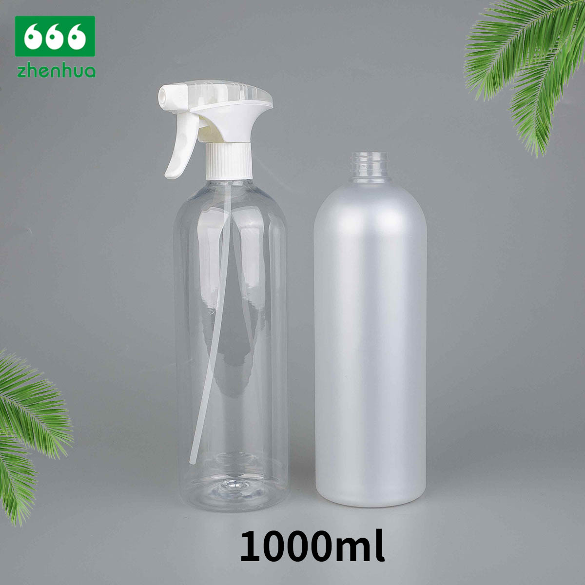 28/410 Finish 1000ml 32oz Plastic PET Large Volume Transparent/Matte Round Bottle with Mist Spray Trigger Pump