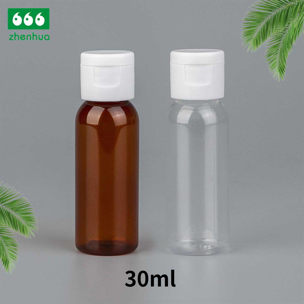 30ml 1oz Amber/Clear Plastic PET Mini Dispenser Round Bottle with White Flip Top Cap