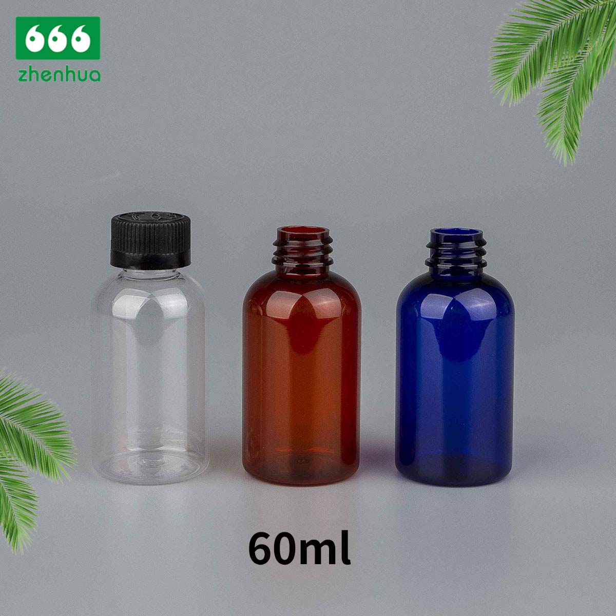 60ml 2oz BPA-free Amber/Blue/Clear BOSTON Round Plastic PET Bottle with PE Lined Screw Cap