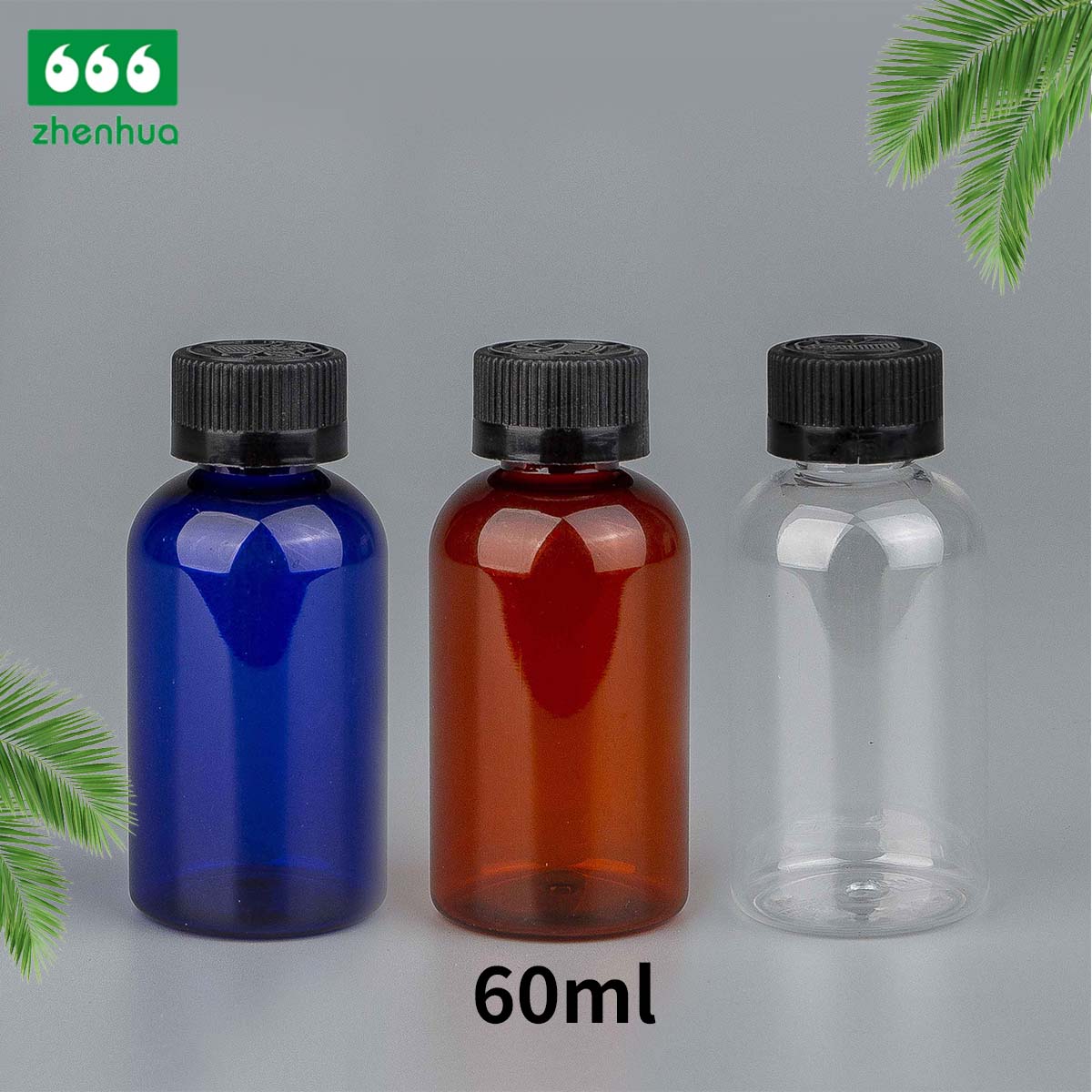 60ml 2oz BPA-free Amber/Blue/Clear BOSTON Round Plastic PET Bottle with PE Lined Screw Cap