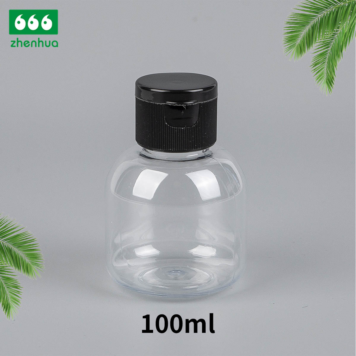 100ml Transparent short Fatty Round plastic PET Bottles with Black flip top cap 