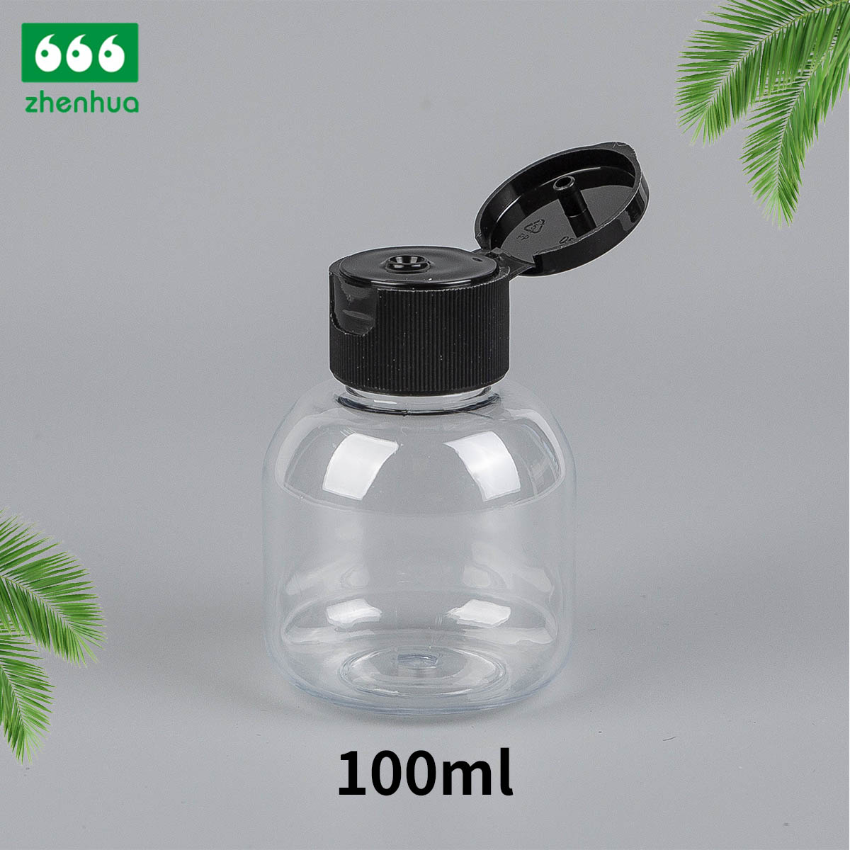 100ml Transparent short Fatty Round plastic PET Bottles with Black flip top cap 