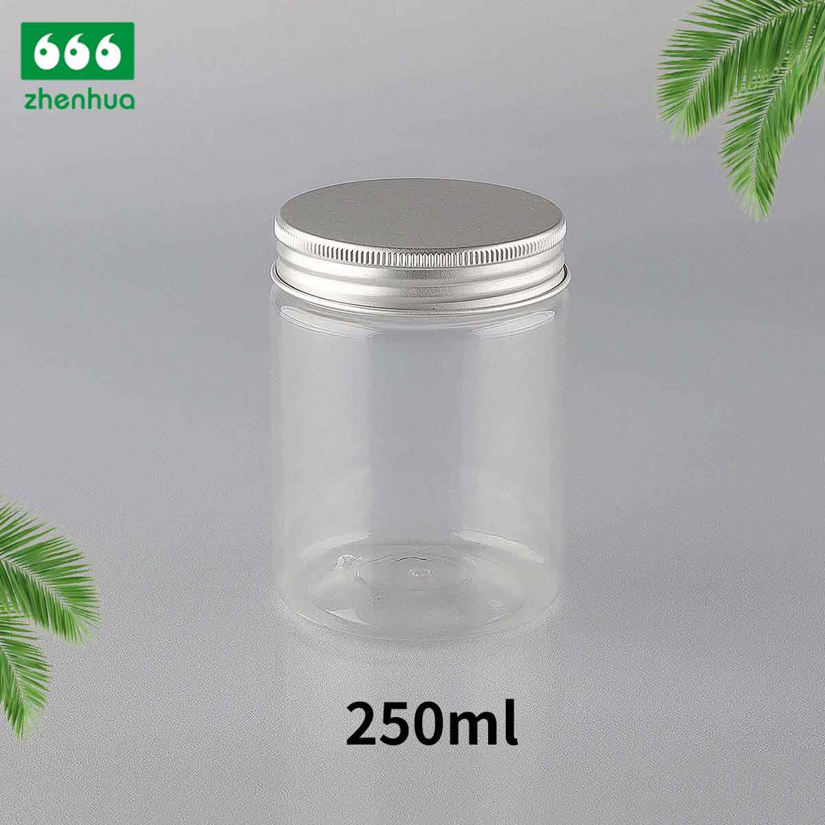 150CC/180CC/250CC Plastic PET Transparent Food Packaging Jar Candy Storage Container with Silver Alumnium Screw Cap