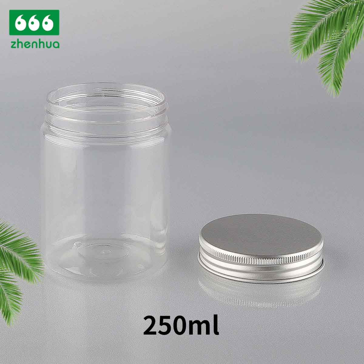 150CC/180CC/250CC Plastic PET Transparent Food Packaging Jar Candy Storage Container with Silver Alumnium Screw Cap