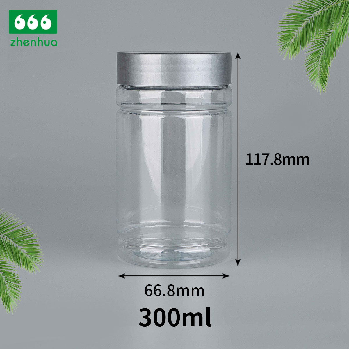 300cc 10oz Plastic PET Transparent Pharmaceutical Packaging Bamboo Joint Bottle with Golden/Silver UV Screw Cap/Alumnium Screw Cap